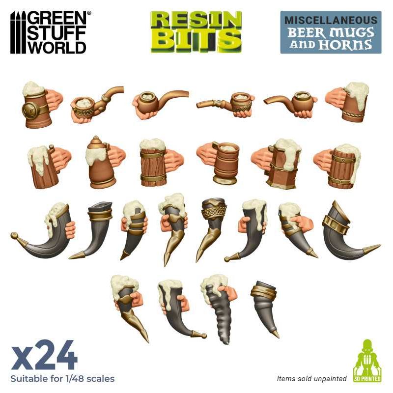 GREEN STUFF WORLD 3D printed set - Beer Mugs and Horns