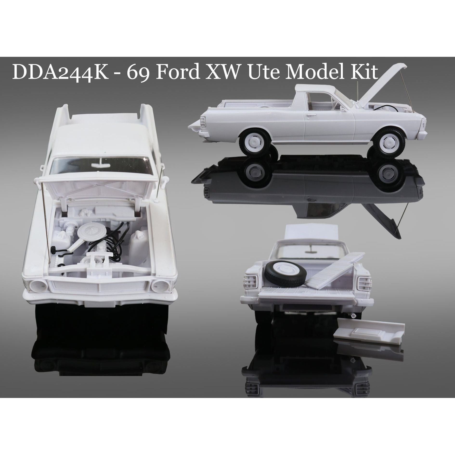 DDA COLLECTIBLES 1:24 Plastic Kit XW Standard Ford Ute - Sealed Body, Opening Tailgate, Opening Bonnet w/Engine, Spare Wheel & Fuel Tank Compartment