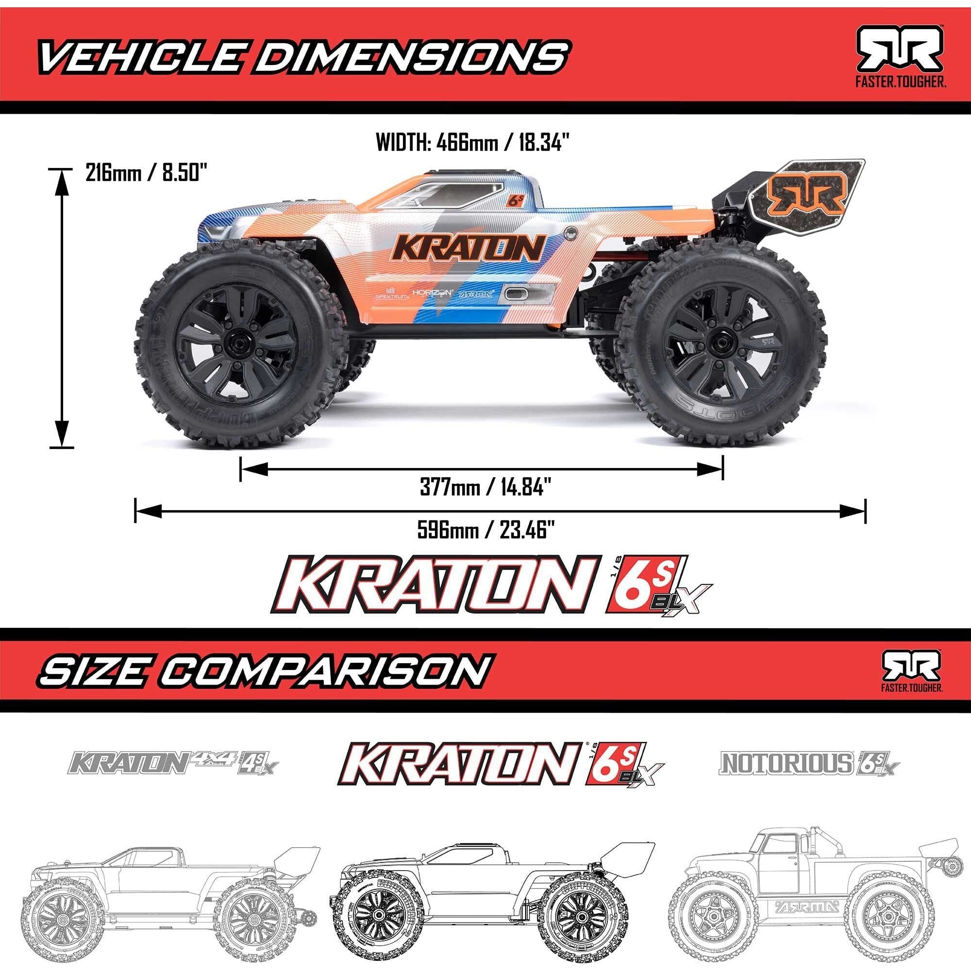 Arrma Kraton 6S BLX 4X4 1/8 Speed Monster Truck, RTR, Orange/Blue