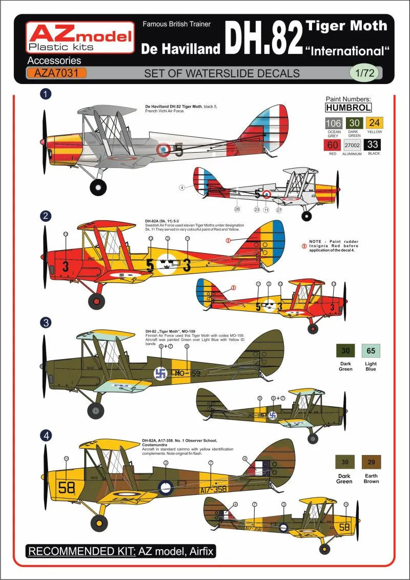 AZ Models 1/72 DH.82A International 4x decal Plastic Model Kit [AZA7031]