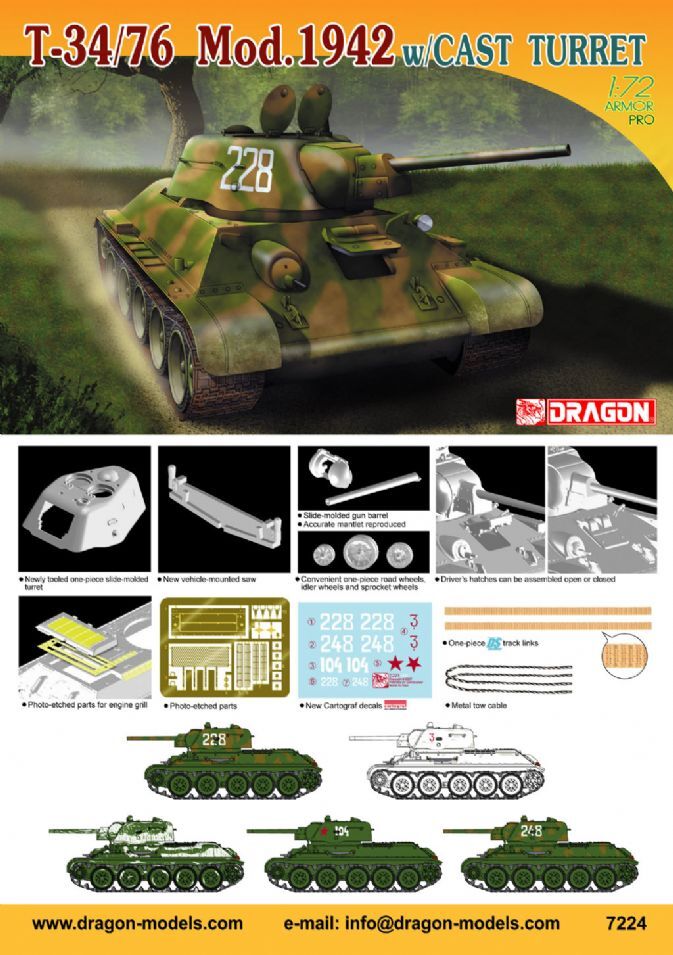 Dragon 1/72 T-34/76 Mod. 1942 Formochka Plastic Model Kit [7224]