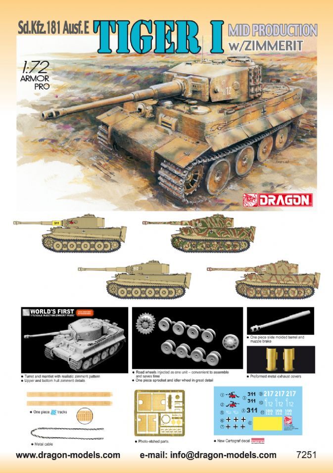 Dragon 1/72 Tiger I Mid Production w/Zimmerit Plastic Model Kit [7251]