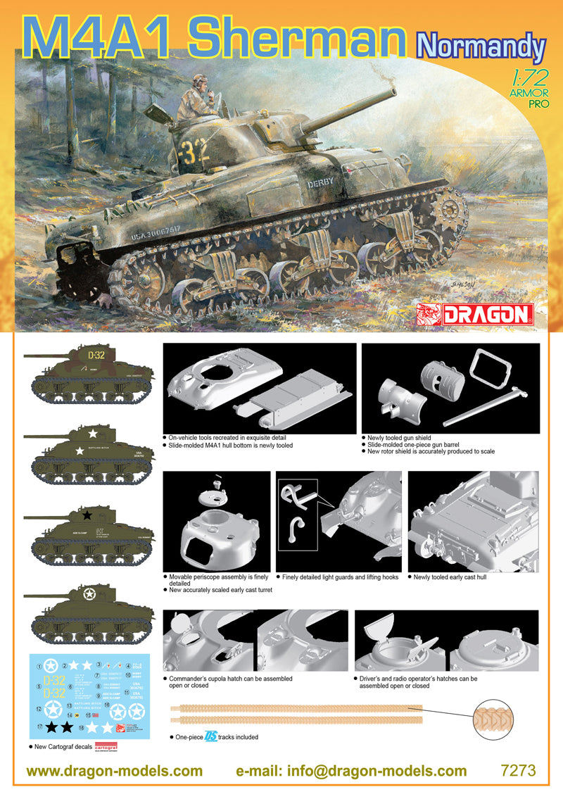 Dragon 1/72 M4A1 Sherman Normandy Plastic Model Kit [7273]