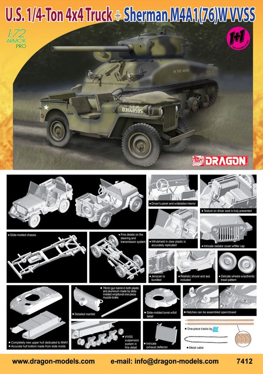 Dragon 1/72 1/4-TON 4X4 TRUCK + M4A1(76)W VVSS [7412]