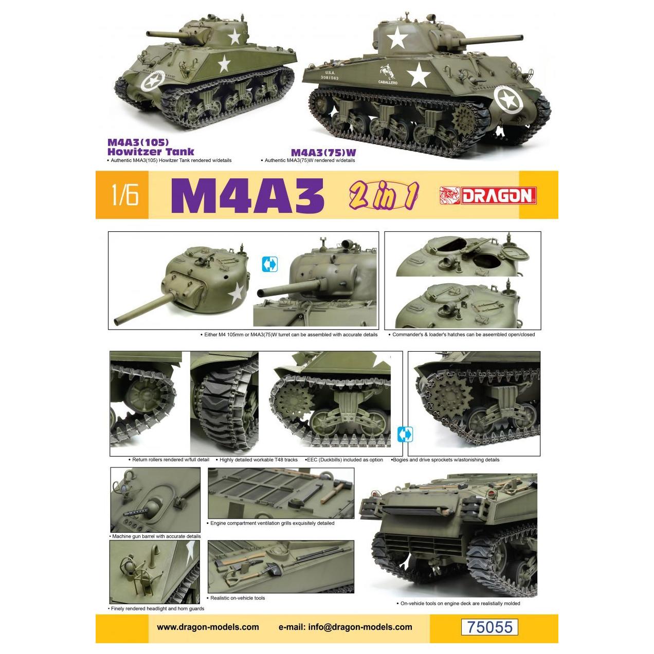 Dragon 1/6 M4A3 105mm Howitzer Tank / M4A3(75)W (2 in 1) Plastic Model Kit [75055]