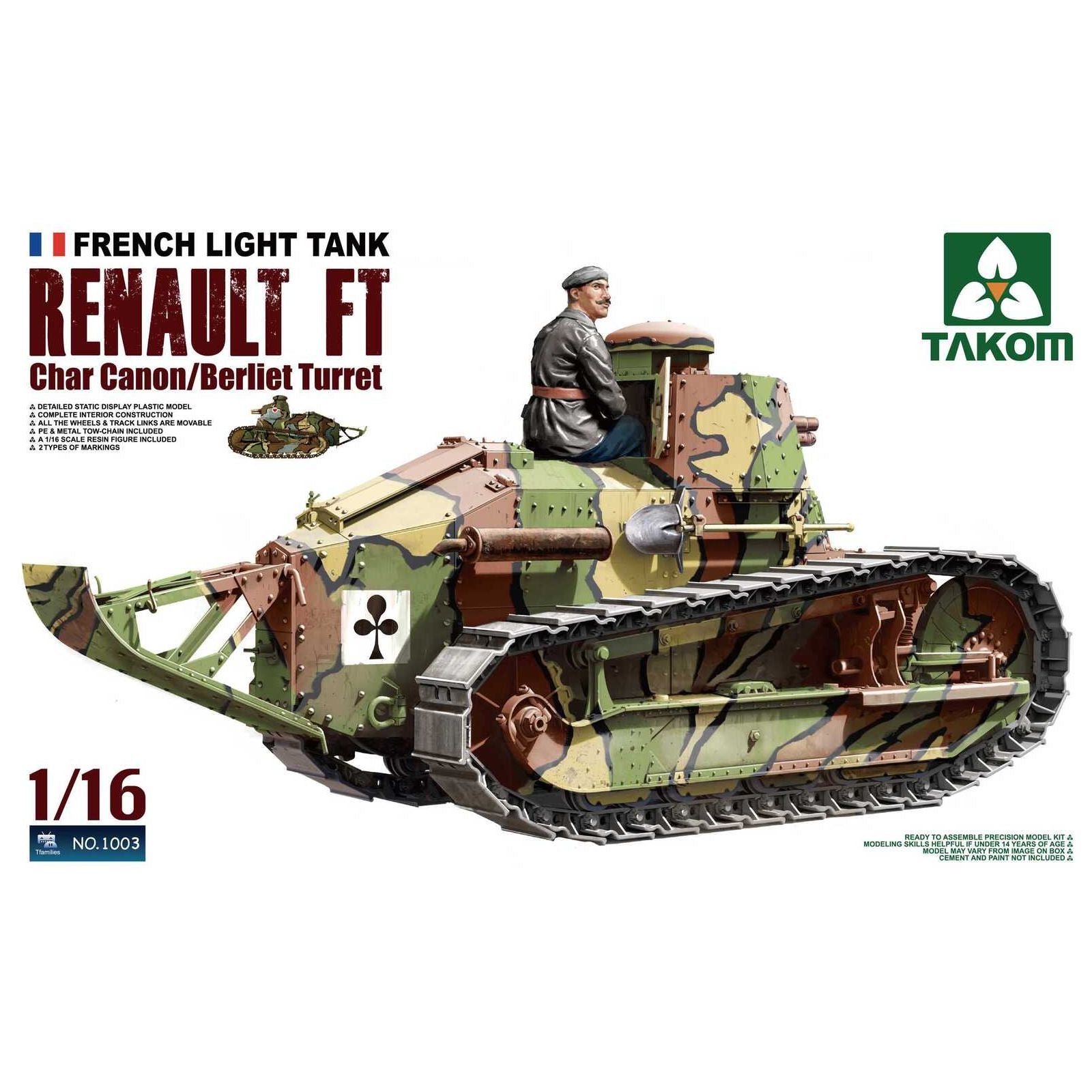 Takom 1/35 French Light Tank Renault FT char canon/Berliet turret and resin figure Plastic Model Kit