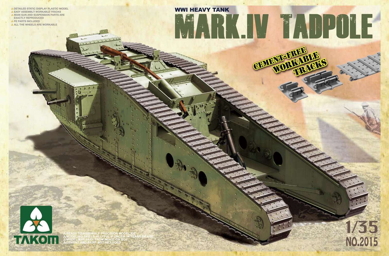 Takom 1/35 WWI Heavy Battle Tank Mark IV Male Tadpole w/Rear mortar Plastic Model Kit [2015]