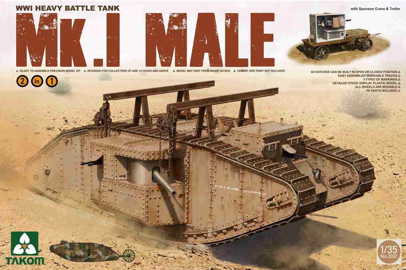 Takom 1/35 WWI Heavy Battle Tank Mk.I Male 2 in 1 (w/ crane & flat trailer) Plastic Model Kit