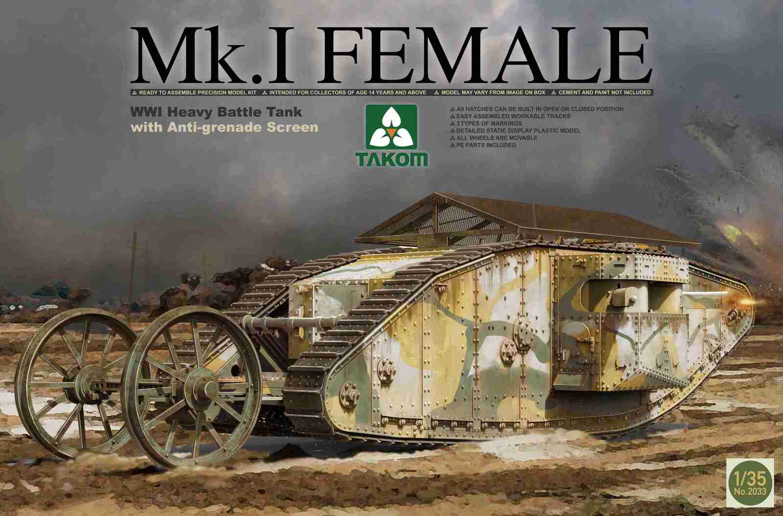 Takom 1/35 WWI Heavy Battle Tank Mk.I Female with Anti-grenade screen Plastic Model Kit