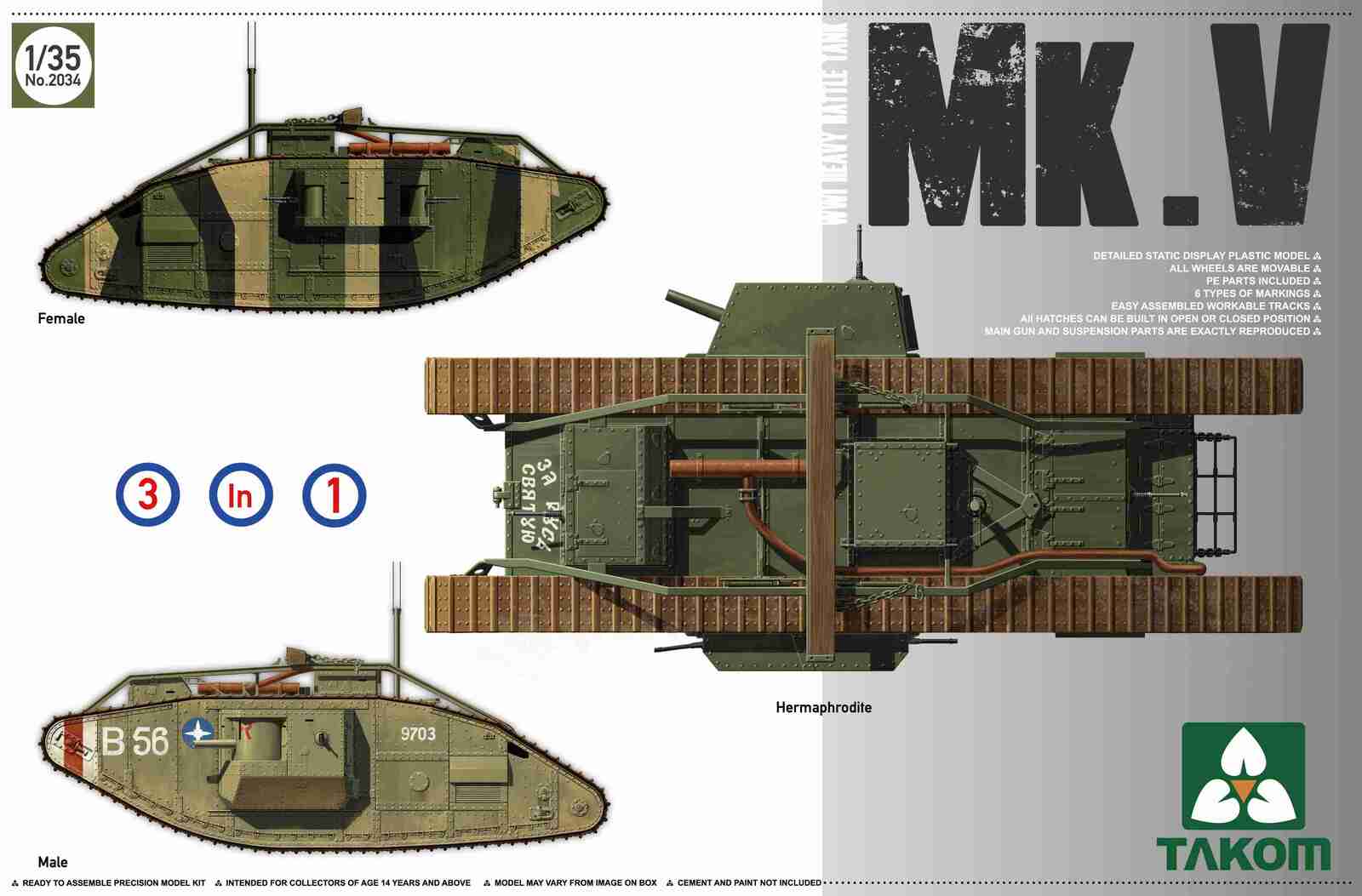 Takom 1/35 WWI Heavy Battle Tank Mk V 3 in 1 Plastic Model Kit