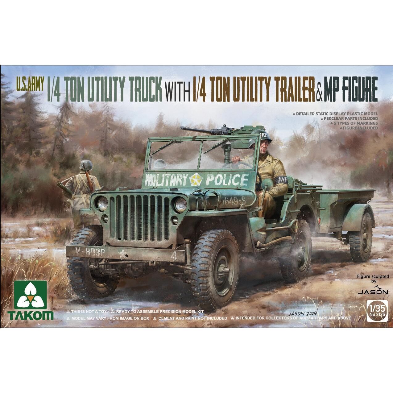 Takom 1/35 U.S. Army 1/4 ton utility truck w/ trailer & MP figure Plastic Model Kit