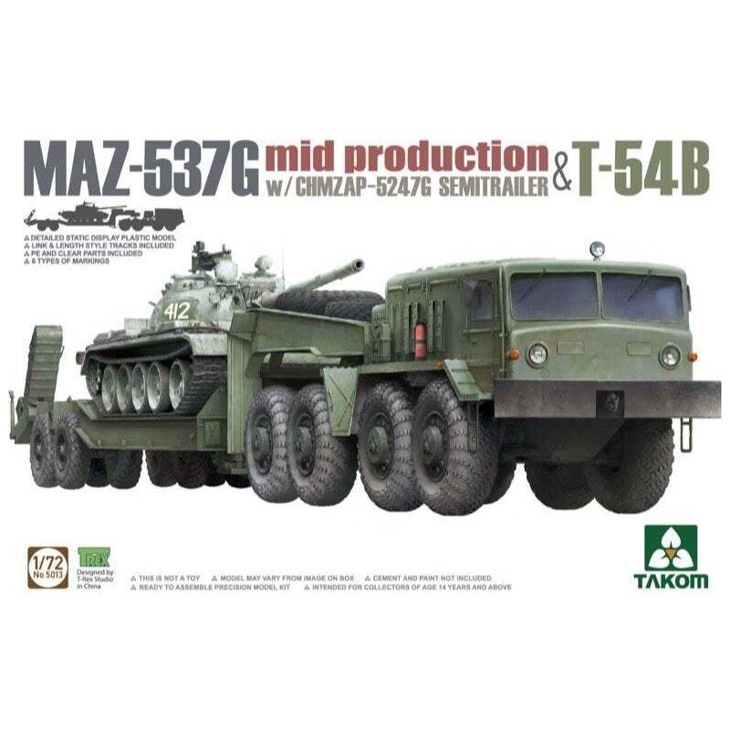 Takom 1/72 MAZ-537G w/ChMZAP-5247G Semi-trailer mid production & T-54B Plastic Model Kit