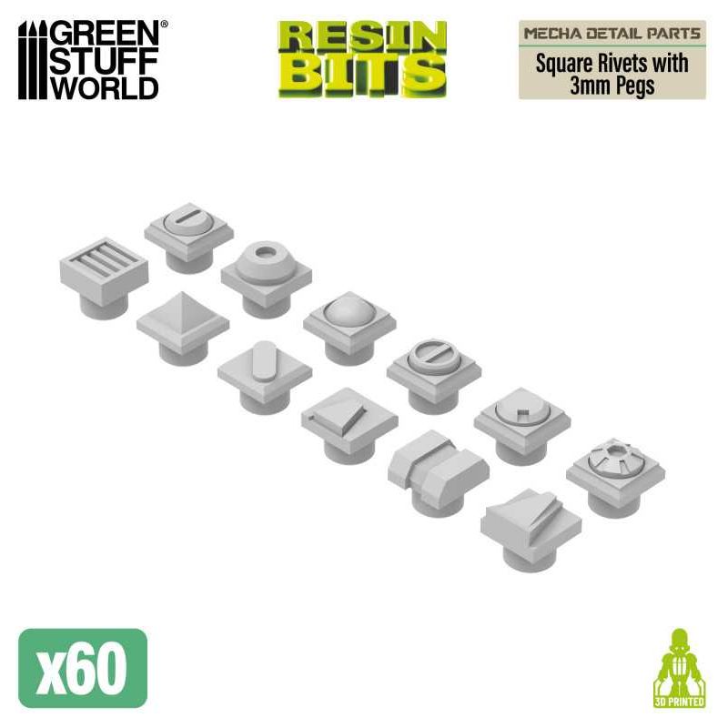 GREEN STUFF WORLD Mecha Detail Parts - Square Rivets with 3 mm Gundam Pegs