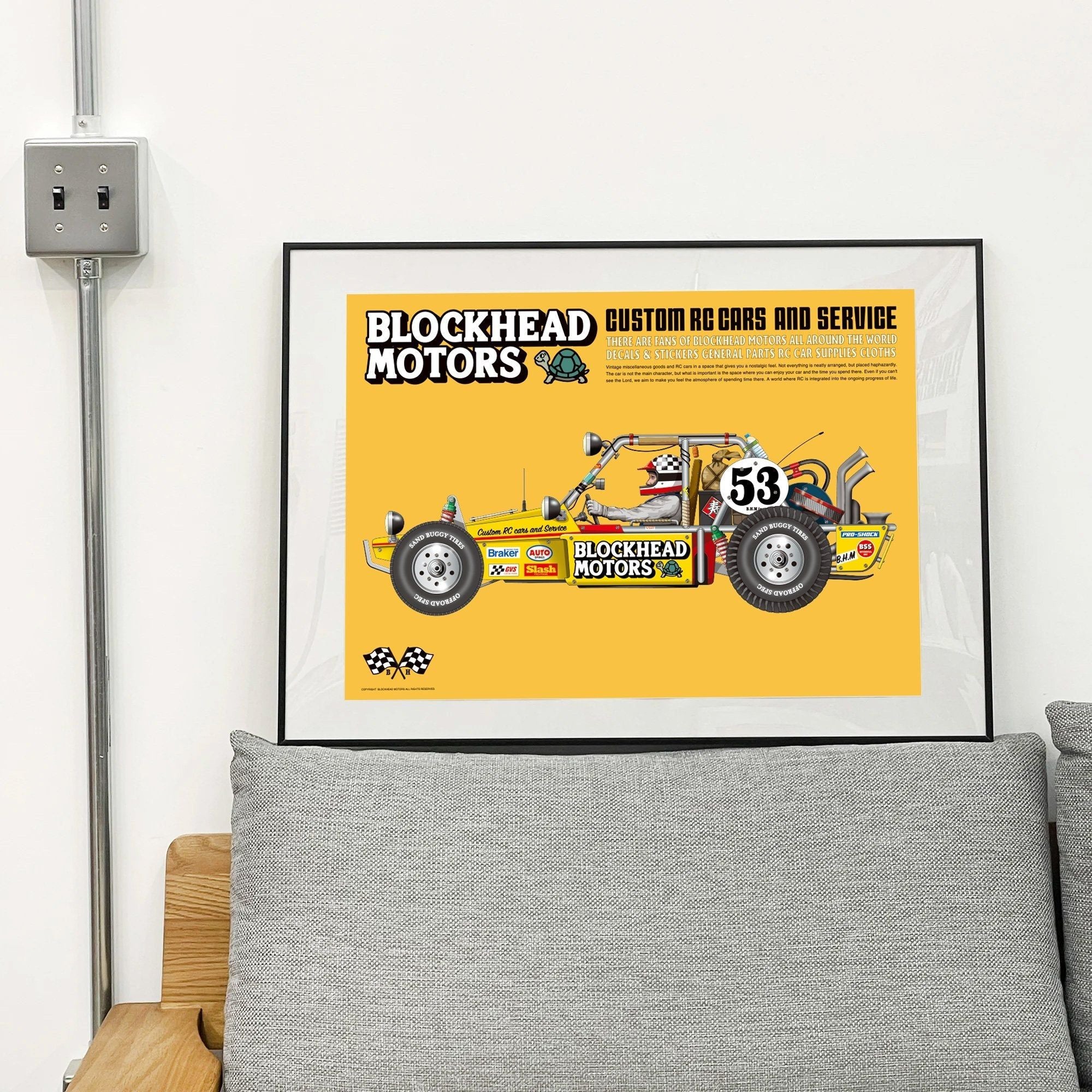 BLOCKHEAD MOTORS Vintage Buggy Poster / Yellow