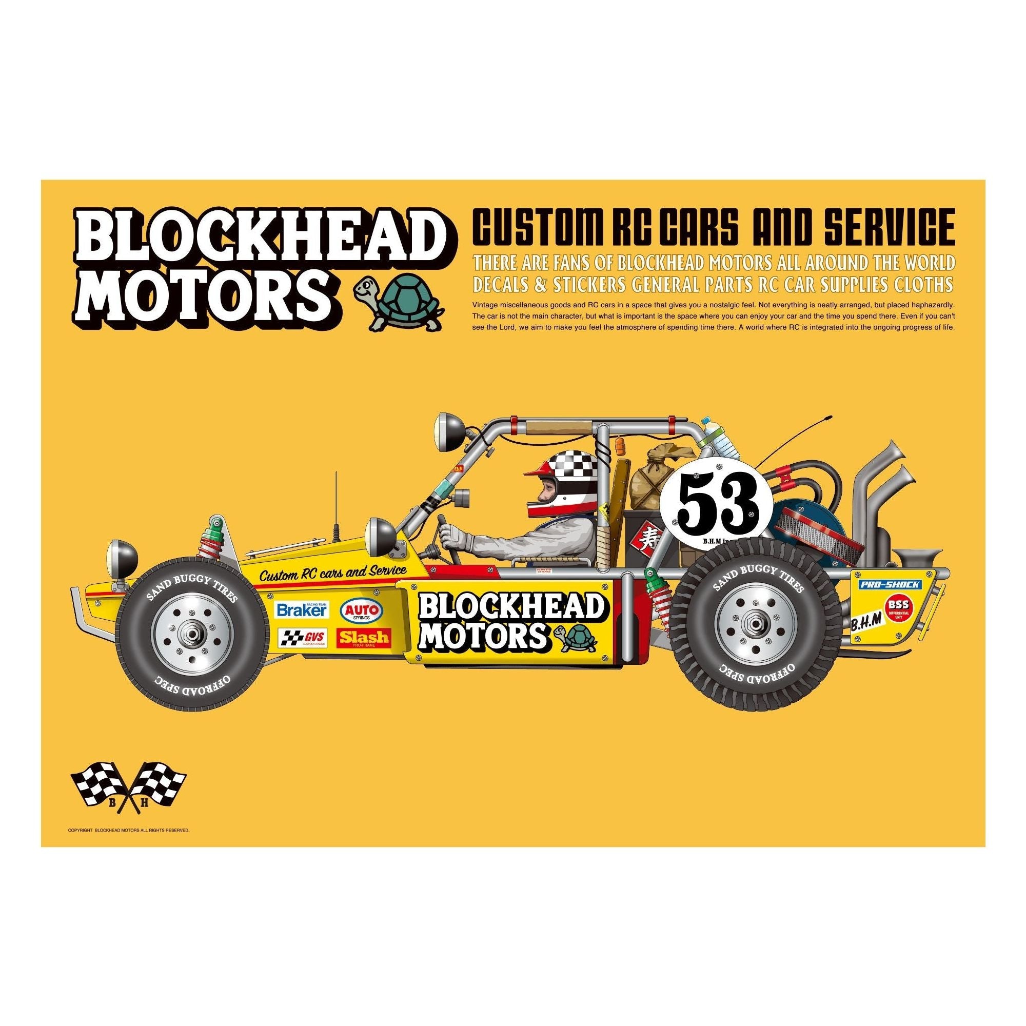 BLOCKHEAD MOTORS Vintage Buggy Poster / Yellow