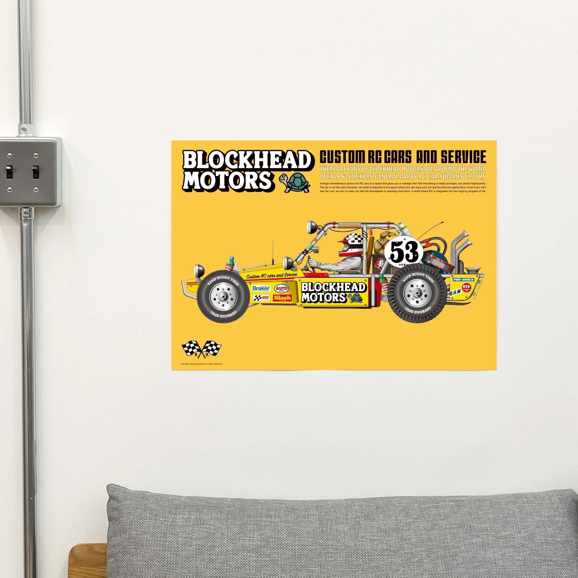 BLOCKHEAD MOTORS Vintage Buggy Poster / Yellow