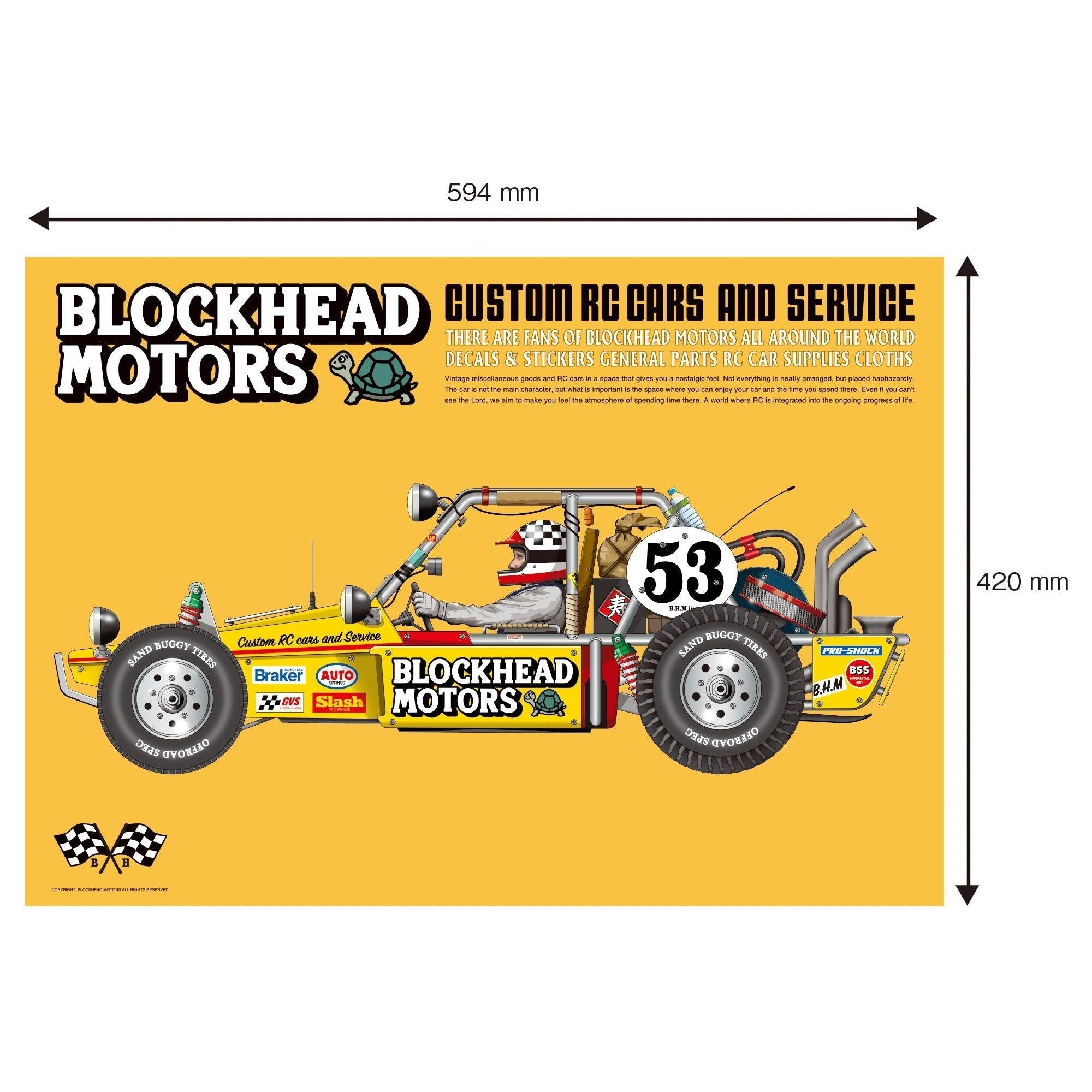 BLOCKHEAD MOTORS Vintage Buggy Poster / Yellow