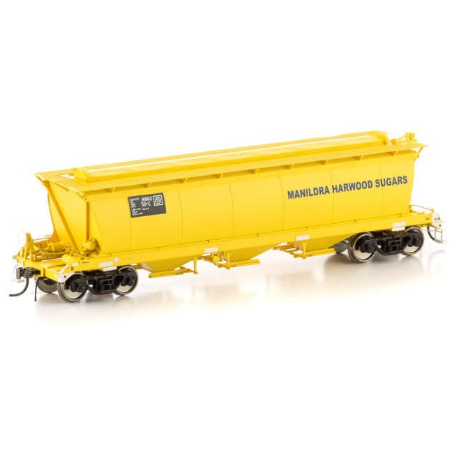 AUSCISION HO MHGX Grain Hopper, Yellow with Manildra Harwood Sugar Logo & GOL with Black Bogies, 4 Car Pack