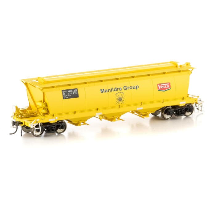 AUSCISION HO MHGX Grain Hopper, Yellow with Manildra & Vetta Logos & GOL with Black Bogies, 4 Car Pack