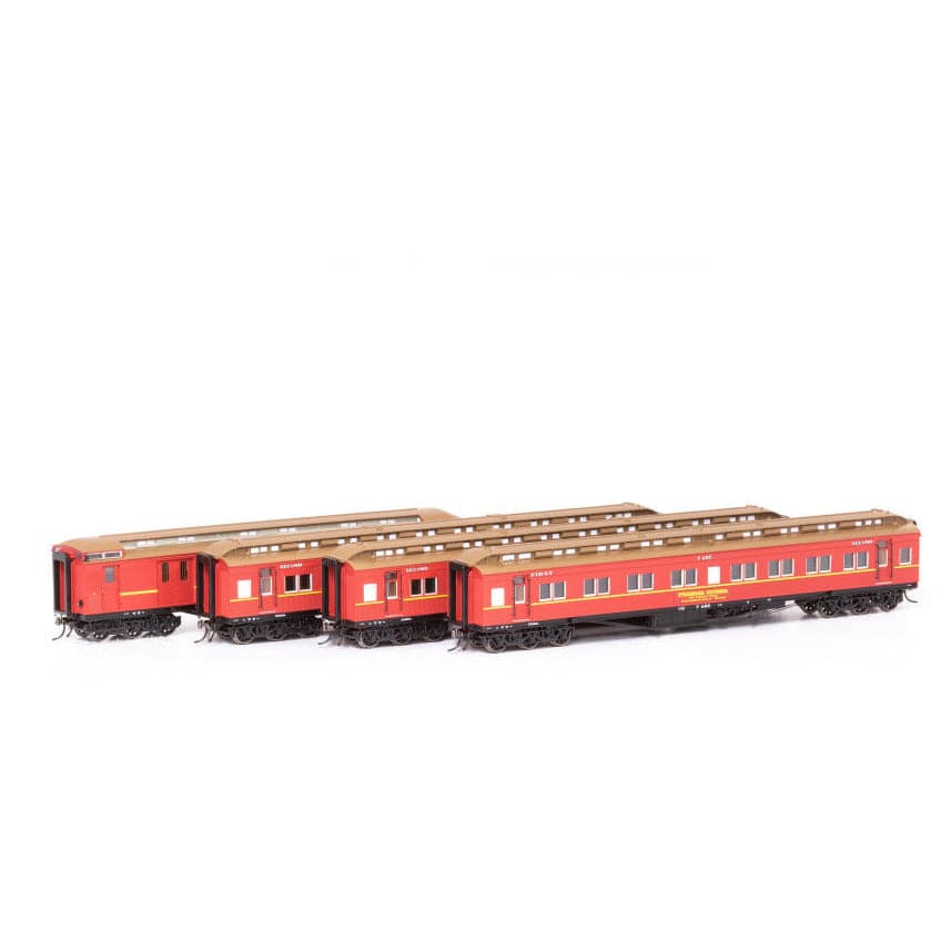 AUSCISION HO Steamrail Carriage Red with Yellow Stripe - 4 Car Set