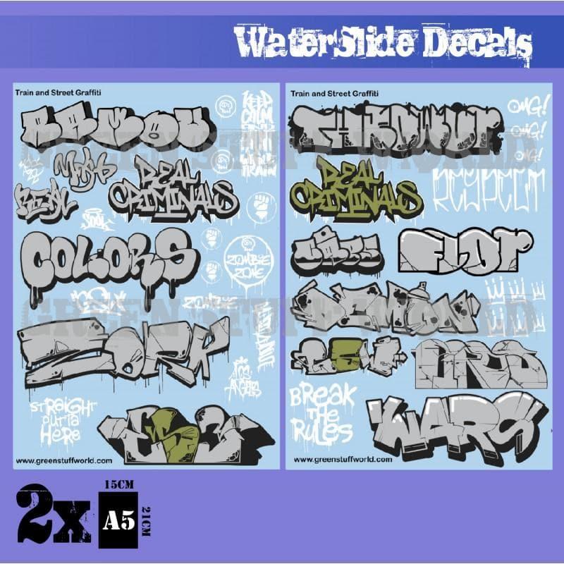 GREEN STUFF WORLD Waterslide Decals - Train and Graffiti Mix - Silver and Gold